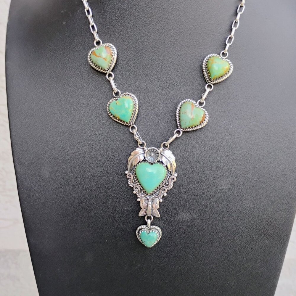 Turquoise Heart Stone Sterling Silver Lariat Necklace Butterfly Flower Southwest - Picture 4 of 12